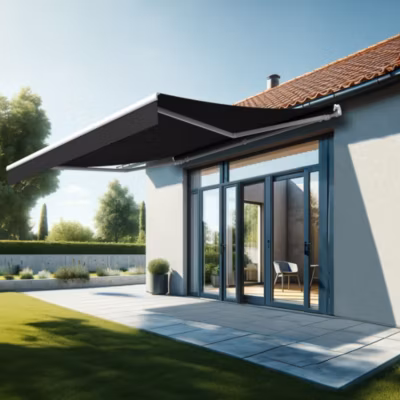 Store banne monobloc ESPAI 4,00×3,50m (Motorisé à interrupteur + manœuvre de secours – Noir – Blanc)