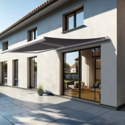 Store banne coffre MEEL 4,00×3,50m (Motorisé à télécommande + manœuvre de secours – Gris Graphite – Blanc)