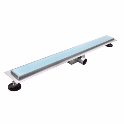 Caniveau de douche HIDY L.50 cm verre blanc et inox, siphon anti-odeurs, drainage performant -SANIVERRE