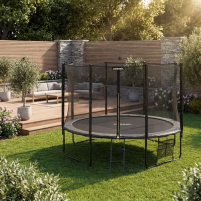 Trampoline 400cm gris avec filet de protection.  échelle. bâche. filet pour chaussures. kit d&rsquo;ancrage  – Mercure XXL- Trampoline
