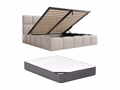 Lit coffre 140 x 190 cm – Tissu effet cuir – Beige + Matelas – DAMADO