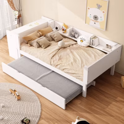 Lit 90×200 cm avec tiroir gigogne et bureau intégré, structure en pin et MDF blanc, design moderne pour enfant