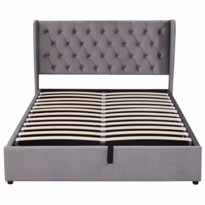 Lit Coffre Double 140x190cm Velours Hydraulique Rangement Gris Blackcolors
