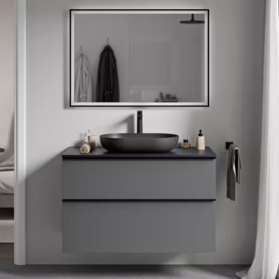 Meuble sous vasque suspendu MDF Anthracite mat, plan vasque Bleu nuit mat, poignée Anthracite mat – 100x46x62cm – LAVOA