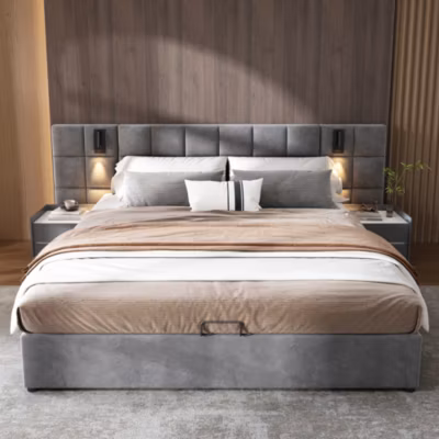 Canapé-lit 140×200 cm avec coffre hydraulique, tête en velours gris et lampe de lecture orientable