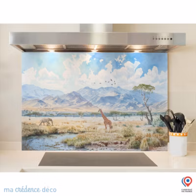 Crédence cuisine fond de hotte Savane Aquarelle – Alu composite – L 90 cm x H 60 cm – MaCrédenceDéco