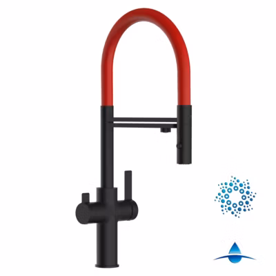 Mitigeur de cuisine 4 Voies Pour Système De Carbonatation Et Filtration D&rsquo;eau, Bec Rouge Orientable Et Douchette 2 Jets – Noir Mat
