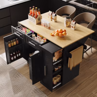 Îlot de Cuisine Extensible avec Plan de Travail et Rangement, Meuble Multifonction en MDF et Métal, Noir, 134.5x74x90.5 cm