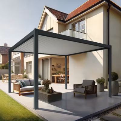Pergola bioclimatique Xenon îlot (Vérin à Télécommande + LED 3 côtés – Gris anthracite / Blanc – 4,00 x 4,111m)