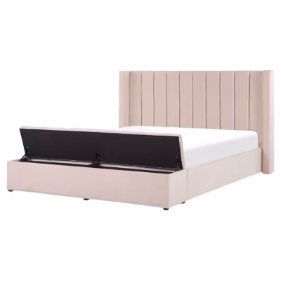 Lit avec banc de rangement Velours NOYERS 160 x 200 cm Rose pastel