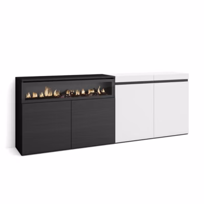 Buffet 200x35x75cm feu led sans chaleur couleur blanc et noir