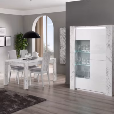 PRAVA – Ensemble Séjour Blanc et Effet Marbre Table 160cm + Vitrine avec Leds