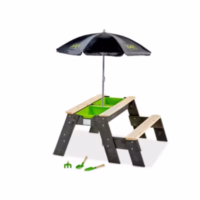 Table d&rsquo;activités sable et eau, et de pique-nique (1 banc) avec parasol et outils de jardinage EXIT Aksent