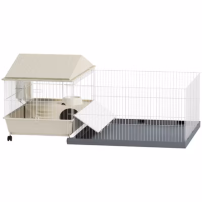 Cage cochon d&rsquo;inde rongeur parc amovible tapis imperméable balcon bol rampe 4 roulettes acier PP gris beige