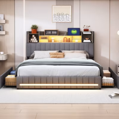 Cadre de lit double gris 140×190 cm, sommier à lattes, rembourré avec tête de lit rangement, 4 tiroirs intégrés et montage facile