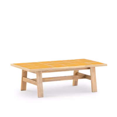 Table basse de jardin 125×65 en bois et céramique moutarde – Bisbal
