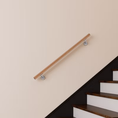 Main courante 120cm, inox 304, Design naturel aspect bois, rampe d&rsquo;escalier ronde, avec 2 supports muraux, intérieur & extérieur