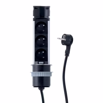 Prise plan de travail SKY – Bloc 3 prises + 2 USB-A rétractable inox et noir