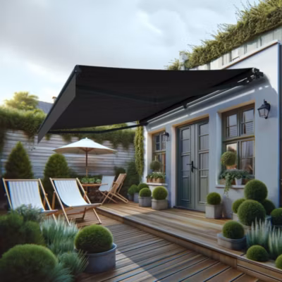 Store banne monobloc MEILE 5,98 x 3,50m (Motorisé à interrupteur + manœuvre de secours – Gris foncé – Gris anthracite)