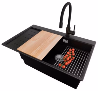 PRIMAGRAN Evier Cuisine en Granit Noir 78x50cm, Lavabo 1 bac + Kit de Vidage + Accessoires, Évier à Encastrer au meuble 60cm