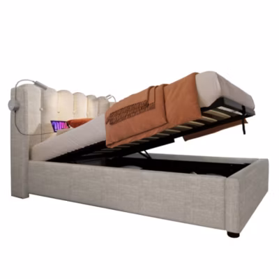 Lit 90×200 cm coffre de rangement avec sommier relevable et tête de lit tapissée lin naturel