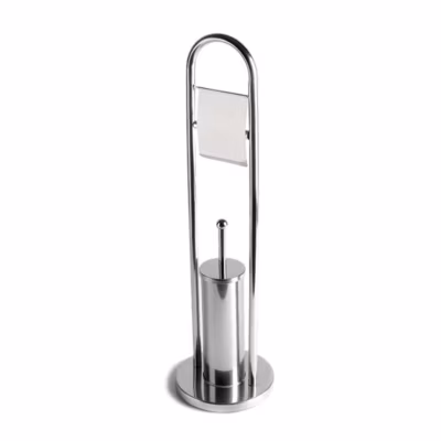 Support Chromé Avec Base Ronde Pour Porte-Brosse De Toilette Et Porte-Rouleau De Papier Toilette Couvert