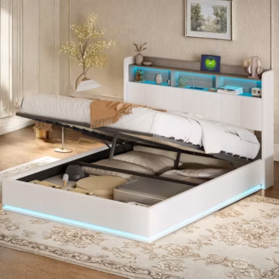 Lit double 160x200cm en tissu velours blanc avec rangement dans la tête de lit, bande LED intégrée en bas