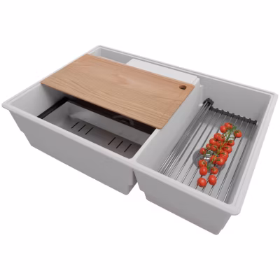 PRIMAGRAN Evier Cuisine en Granit Gris 78x53cm, Lavabo 2 bacs + Kit de Vidage + Accessoires, Évier à Encastrer au meuble 80cm