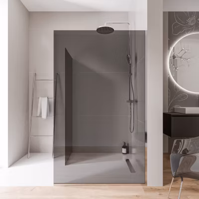 2 Parois de douche italienne d&rsquo;angle 70x200cm + 70cm, verre fumé NANO 10mm, profilé mural + sol inox chrome – EX102