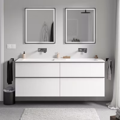 Meuble vasque suspendu MDF Blanc mat, lavabo fonte Blanc mat sans trou robinet, poignée Anthracite mat – 160x46x62cm – LAVOA
