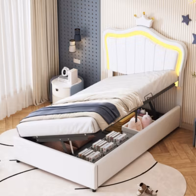 Lit Coffre 90×200 cm – Lit enfant avec Couronne Blanche et Lumières LED – design Capitonné Élégant – Sans Matelas – Blanc