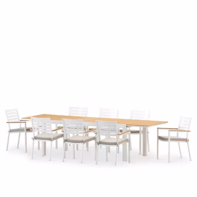 Ensemble table de jardin 300-200×100 cm et 8 chaises aluminium blanc – Osaka