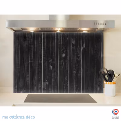 Crédence cuisine fond de hotte Bois peint en noir – Alu composite – L 90 cm x H 50 cm – MaCrédenceDéco