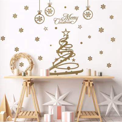 Sticker Merry christmas – 110x110cm – or – Autocollants adhésifs noël – décoration fêtes