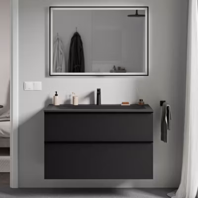 Meuble vasque suspendu MDF Noir mat, lavabo fonte Noir mat + trou robinet, poignée Noir mat – 80x46x62cm – LAVOA