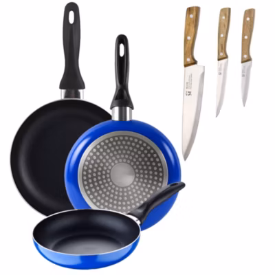 Ensemble de 3 poeles a frire San Ignacio Navy Paradise 16-20-24cm avec couteaux de cuisine