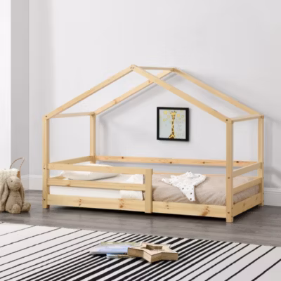Lit d&rsquo;Enfant Maison avec Barreaux de Sécurité Knätten Pin 90 x 200 cm Bois Naturel en.casa