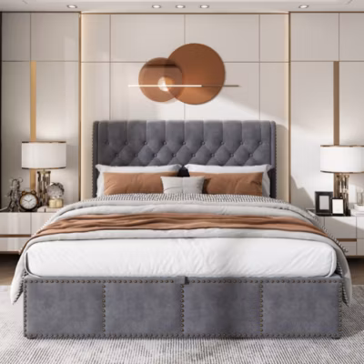 Lit 160×200 cm avec coffre de rangement et tête tapissée en velours gris, clous décoratifs, design minimaliste
