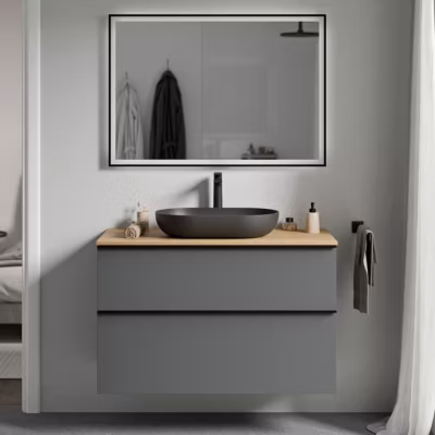 Meuble sous vasque suspendu MDF Anthracite mat, plan vasque Chêne miel, poignée Chrome – 80x46x62cm – LAVOA