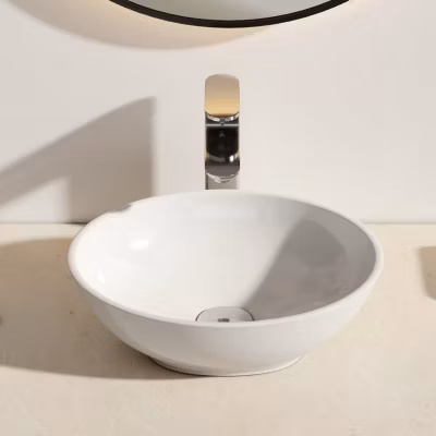 EMKE Vasque à Poser en céramique 41,5×33,5x13cm, Lavabo salle de bain Ovale, Lavabo à poser blanc brillant