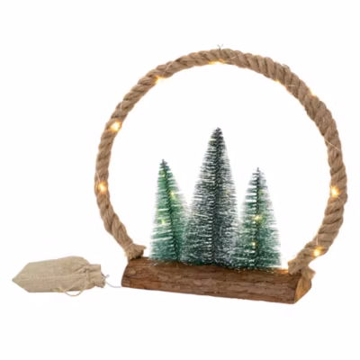 LED Couronne de jute avec sapins décoration lumineuse de Noël minuterie 30 LEDs
