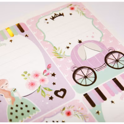16 étiquettes adhésives scolaires – Rectangle – Princesses – Paillettes