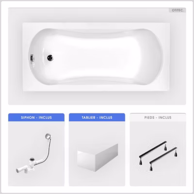 Baignoire rectangulaire – 170 x 70 cm – avec Tablier Blanc – Pieds – Vidage Chrome – ARIA
