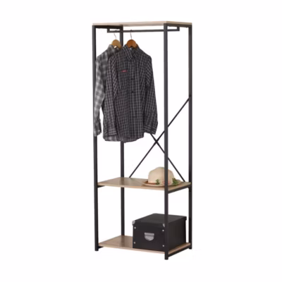 Porte-manteau / dressing ouvert avec étagère et penderie  Dimensions 60x40x167 cm, coloris chene clair et noir