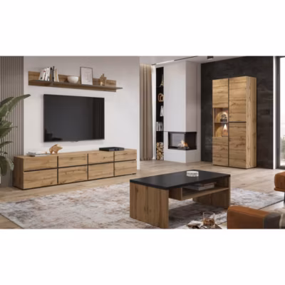 Ensemble de 4 meubles collection HAVANA coloris chene et noir. Meuble TV XL, vitrine, table basse, étagère