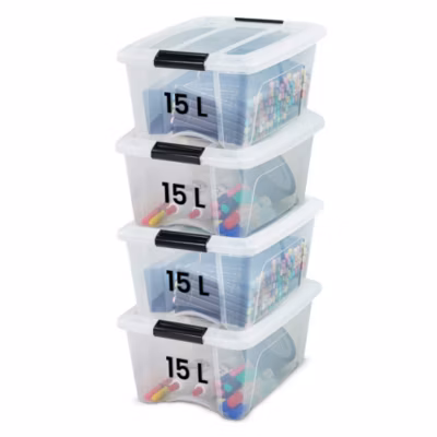 Iris Ohyama, Lot de 4 boîtes de rangement plastique 15L, Transparent, SB-15