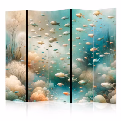 Paravent -Poissons dans un monde sous-marin aux couleurs bleu turquoise, beige et orange délicat