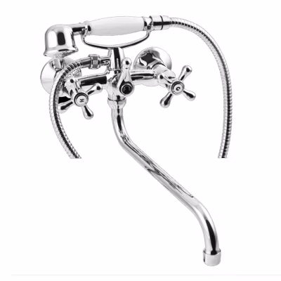 Robinet Mitigeur Baignoire Chrome Mural Bec Long Manettes Croisillons