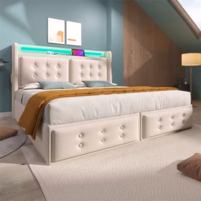 Lit adulte lit 160×200 cm lit rembourré hydraulique avec sommier en bois lit double coton lin beige