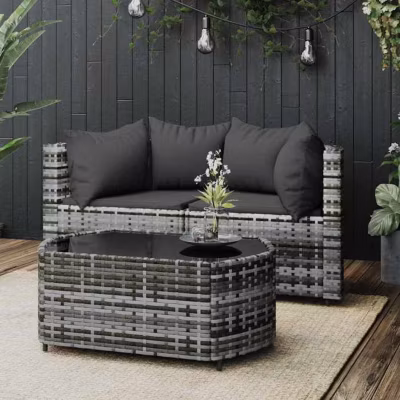 vidaXL Salon de jardin 3 pcs avec coussins Gris Résine tressée, ensemble de salon d&rsquo;extérieur, ensemble de mobilier 319775